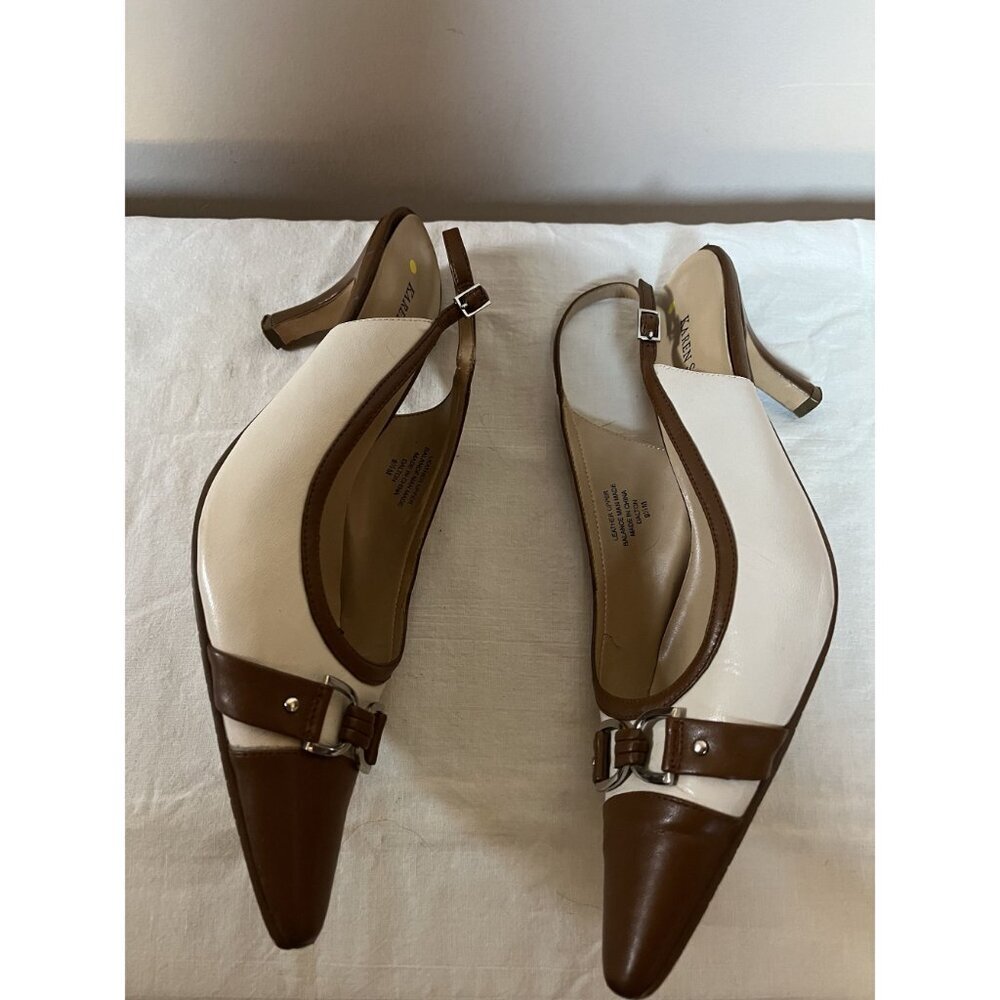 Y2K Vintage Leather Slingback Kitten Heel Spectator Pumps Cap Toe Brown White - Picture 7 of 11